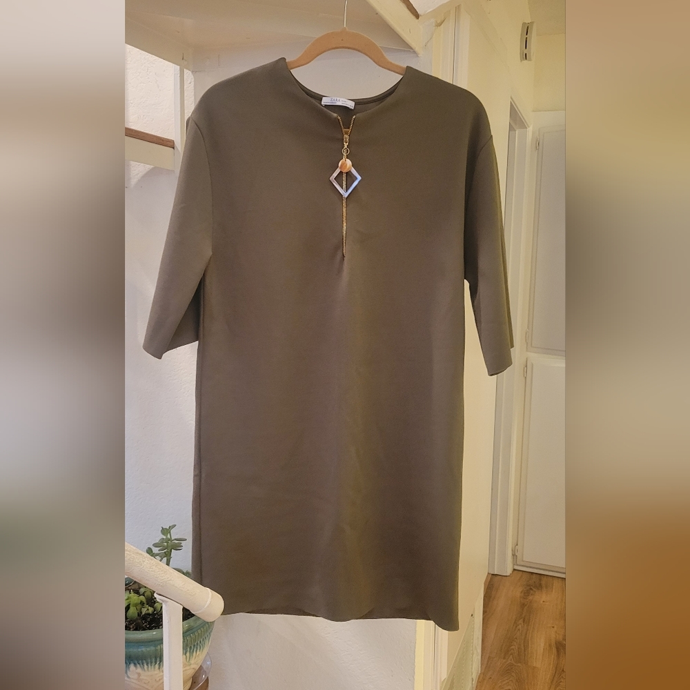 Zara Olive Shift Dress with Zipper Detail